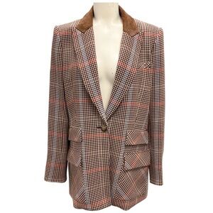 VERONICA BEARD BROWN DESTRY SUEDE TRIMMED HOUNDSTOOTH TWEED BLAZER